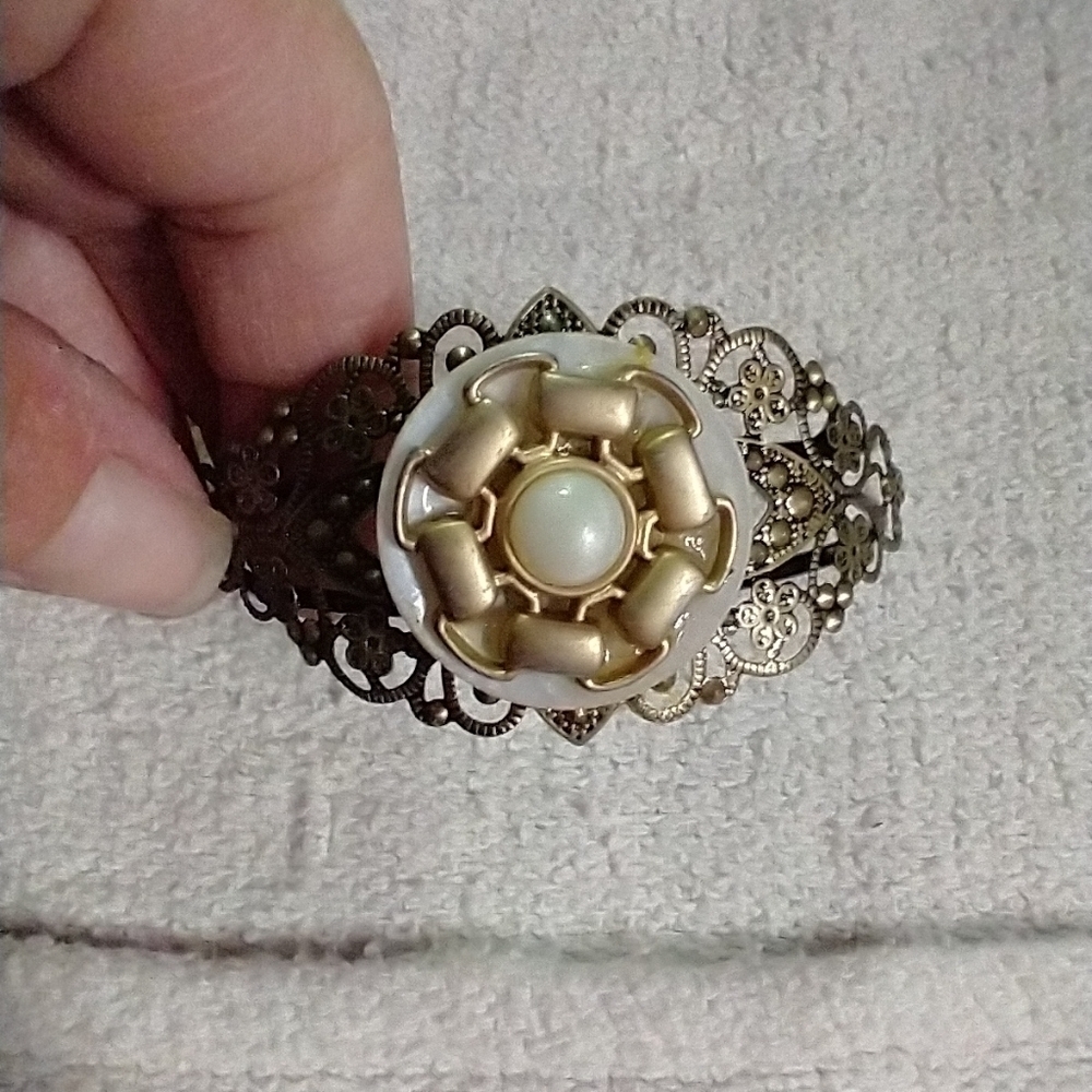 Goldtone filigree lacy white faux pearl cuff bracelet